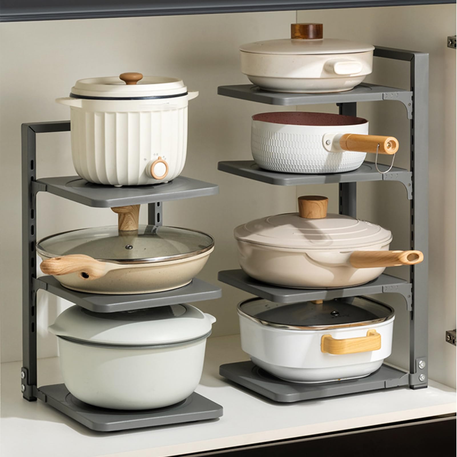 Estante ajustable para ollas y sartenes con separadores antideslizantes, soporte desmontable para tapa de ollas para almacenamiento de armario de cocina, solución de ahorro de espacio