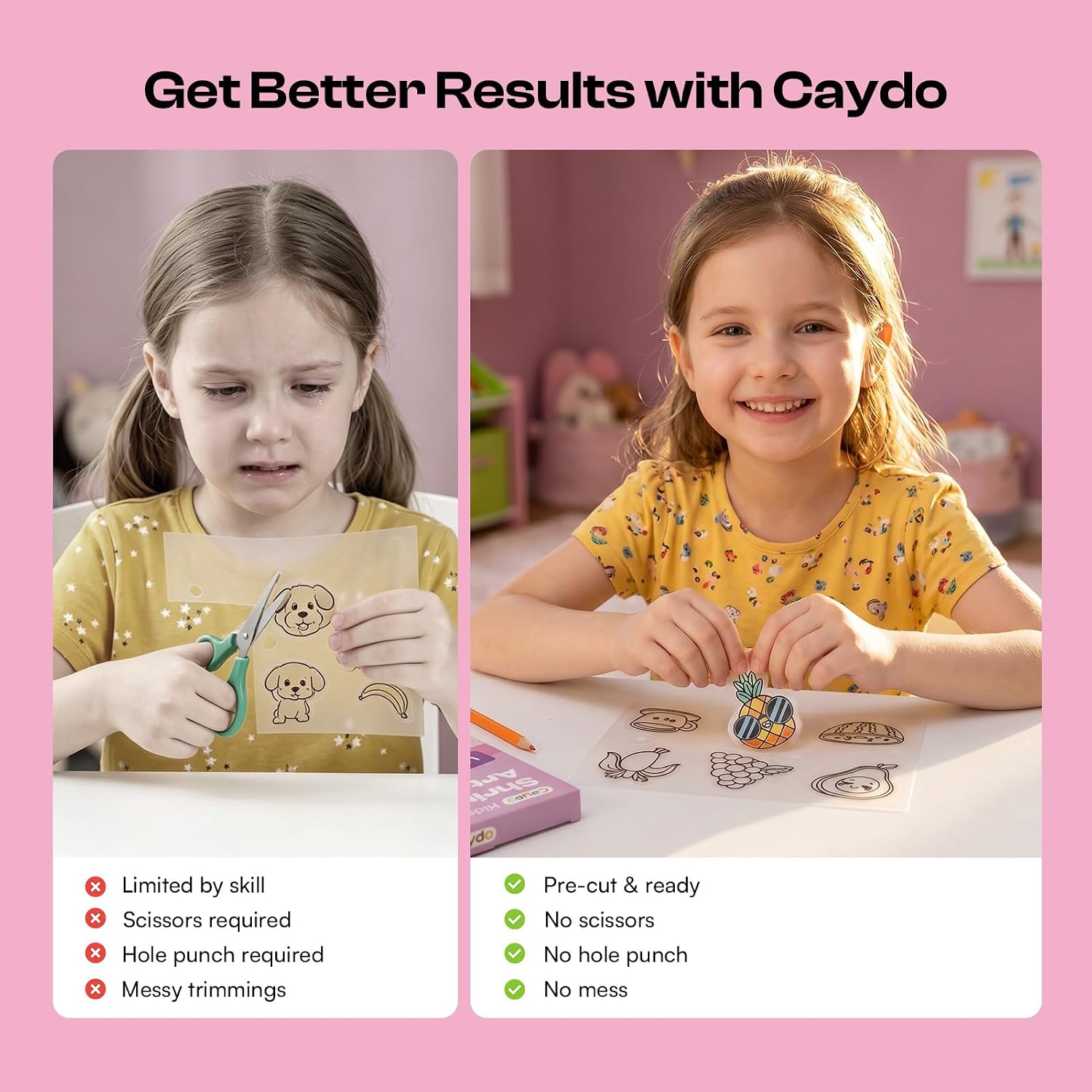 Caydo DIY Shrinking Kit for Kids, Shrink a Dink Sheets Kit, Shrinky Paper | 48 Pre Cut Charms and 3 Blank Sheets, No Mess Creative Activity Jewelry Making Kit with 87 Accessories(Lifestyle Themes)