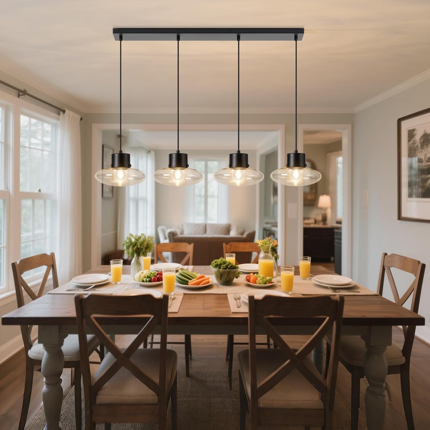 4-Light Kitchen Island Lighting, Black Linear Chandelier Modern Dining Room Light Fixture with Clear Glass, Adjustable Hanging Lighting for Kitchen Dining Room, OS-JJ1513-4CBK