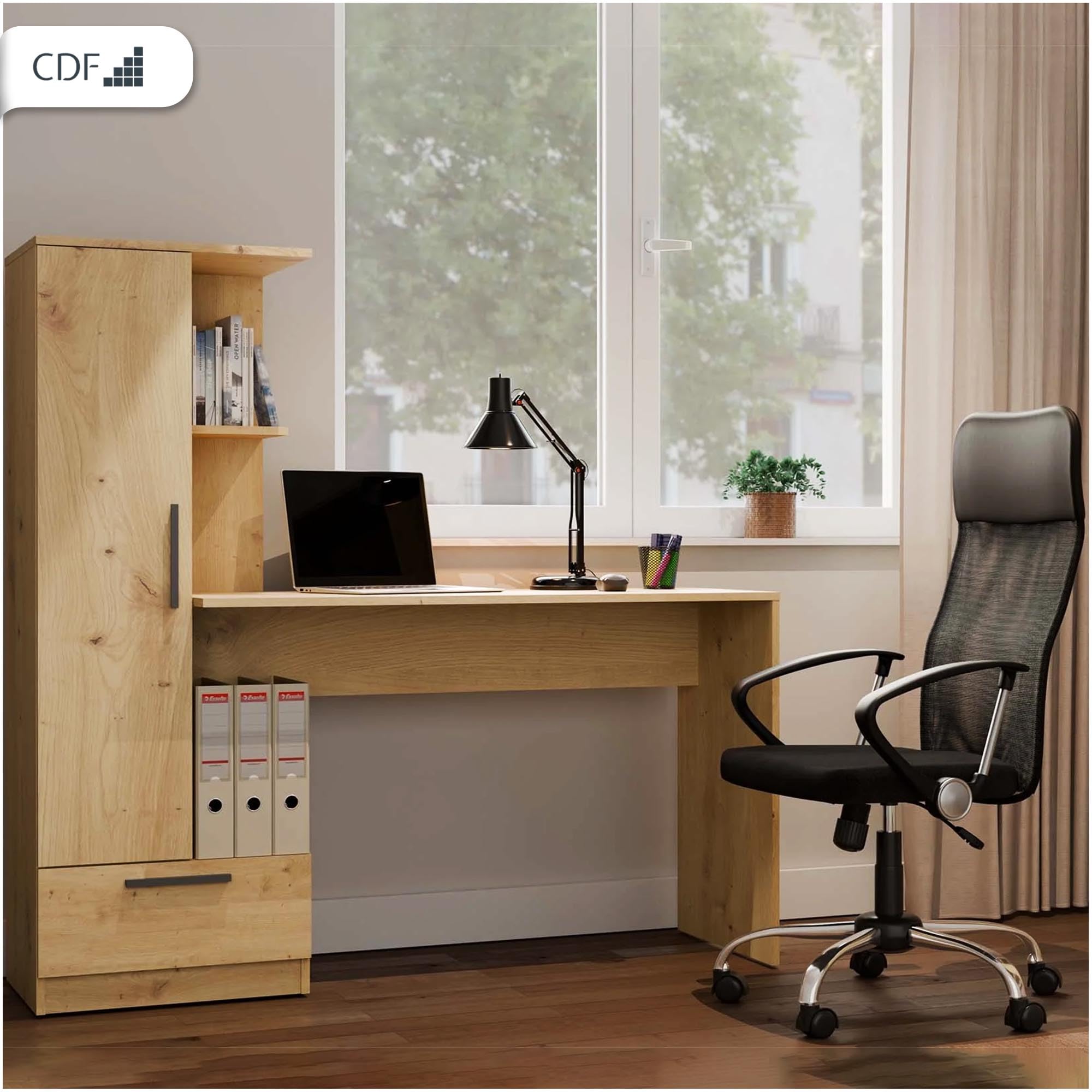 CDF Biurko z Regałem Szufladą 140cm 3 Półki Praca Zdalna Home Office Biurko Komputerowe Ergonomiczne Pokój Młodzieżowy Pokój Dziecięcy Sypialnia Gabinet PC Prowadnice Dąb Artisan Płyta Laminowana 16mm
