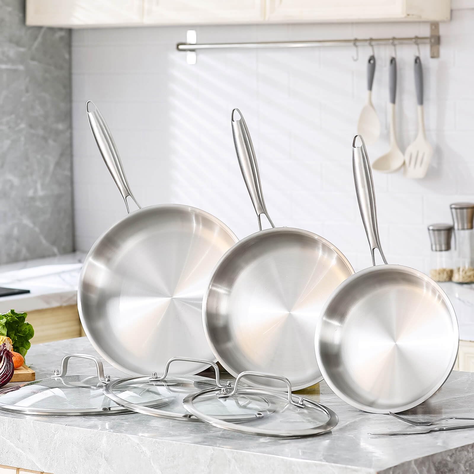 Juego de sartenes 20, 24, 28 cm, sartén de acero inoxidable de 3 capas, sin revestimiento, para inducción y todo tipo de cocinas, apto para horno hasta 400 °C