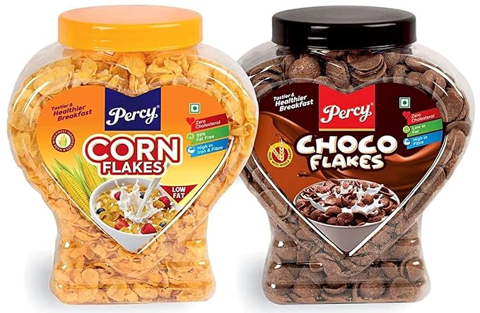Percy Cornflakes and Choco Flakes Combo of 2 Jars [Children Cereal, Chocos High Iron and Fibre Breakfast] Jar, 740 g