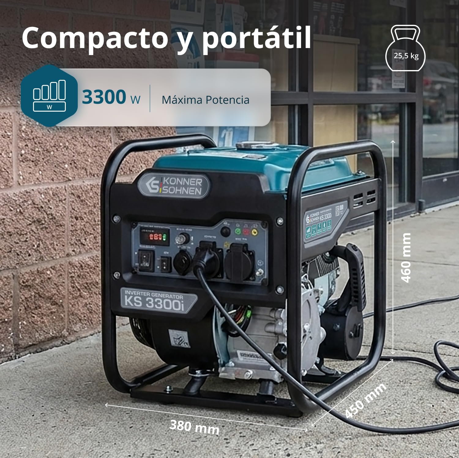 Könner & Söhnen Generador inverter KS 3300i de una potencia máxima de 3300W, 2x Schuko 230 V, pantalla LED, bobinado de cobre, protección ante sobrecargas y cortocircuitos, EURO 5