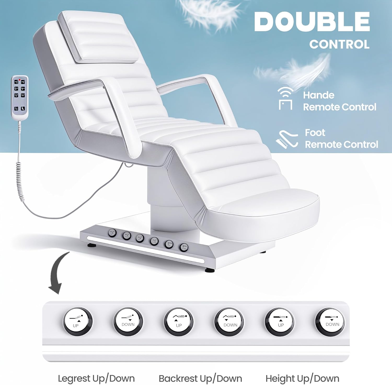 Electric Massage Table with LED Light, Adjustable Facial Bed with Foot Control for Spa, Tattoo, Waxing, and Eyelash Extension, Removable Headrest and Armrest, 90° Back & Leg Adjustment (White)