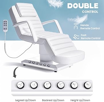 Electric Massage Table with LED Light, Adjustable Facial Bed with Foot Control for Spa, Tattoo, Waxing, and Eyelash Extension, Removable Headrest and Armrest, 90 Back & Leg Adjustment (White)