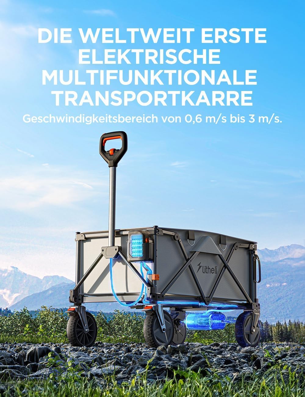 Litheli Elektrowagen Bollerwagen faltbar, Handwagen faltbar mit Motor & Bremsen, 200L 60KG geeignet für Camping, Garten, Strand, Einkaufen (Beige, W1 pro mit 2 Batteries)
