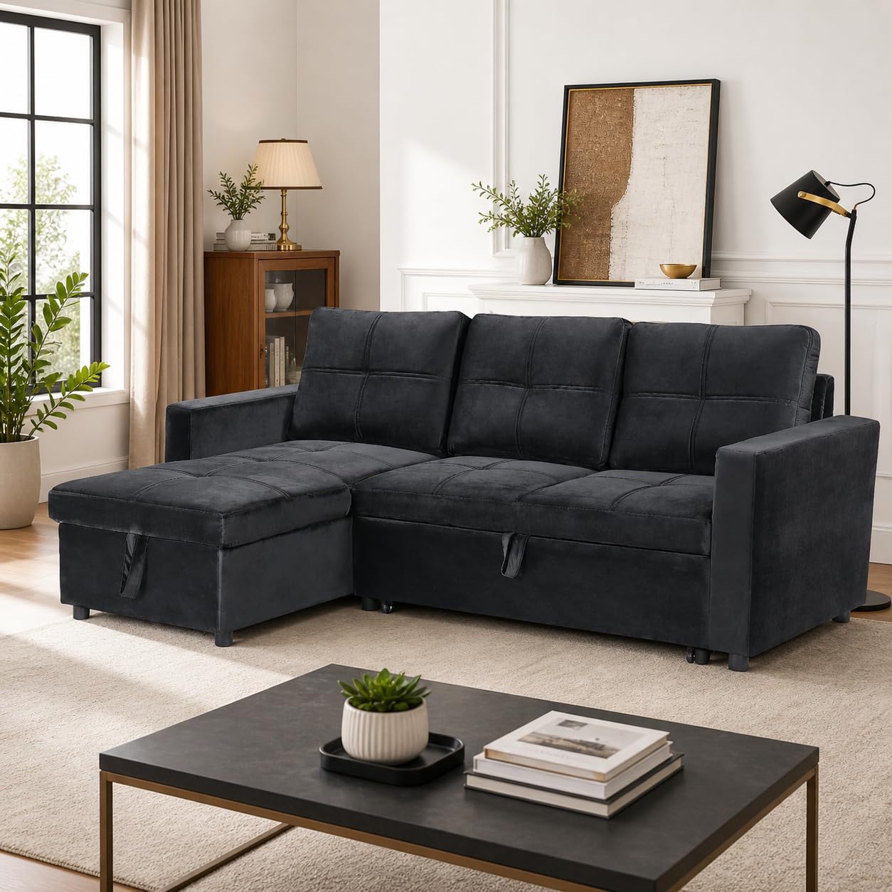 Sofá Cama Chaise Longue BOGA 3 Plazas Negro Terciopelo 215 x 135 cm - Cheslong Reversible con Arcón y Almacenamiento - Sistema de Arrastre - Tapizado Elegante - Armazón Pino Macizo - Salón