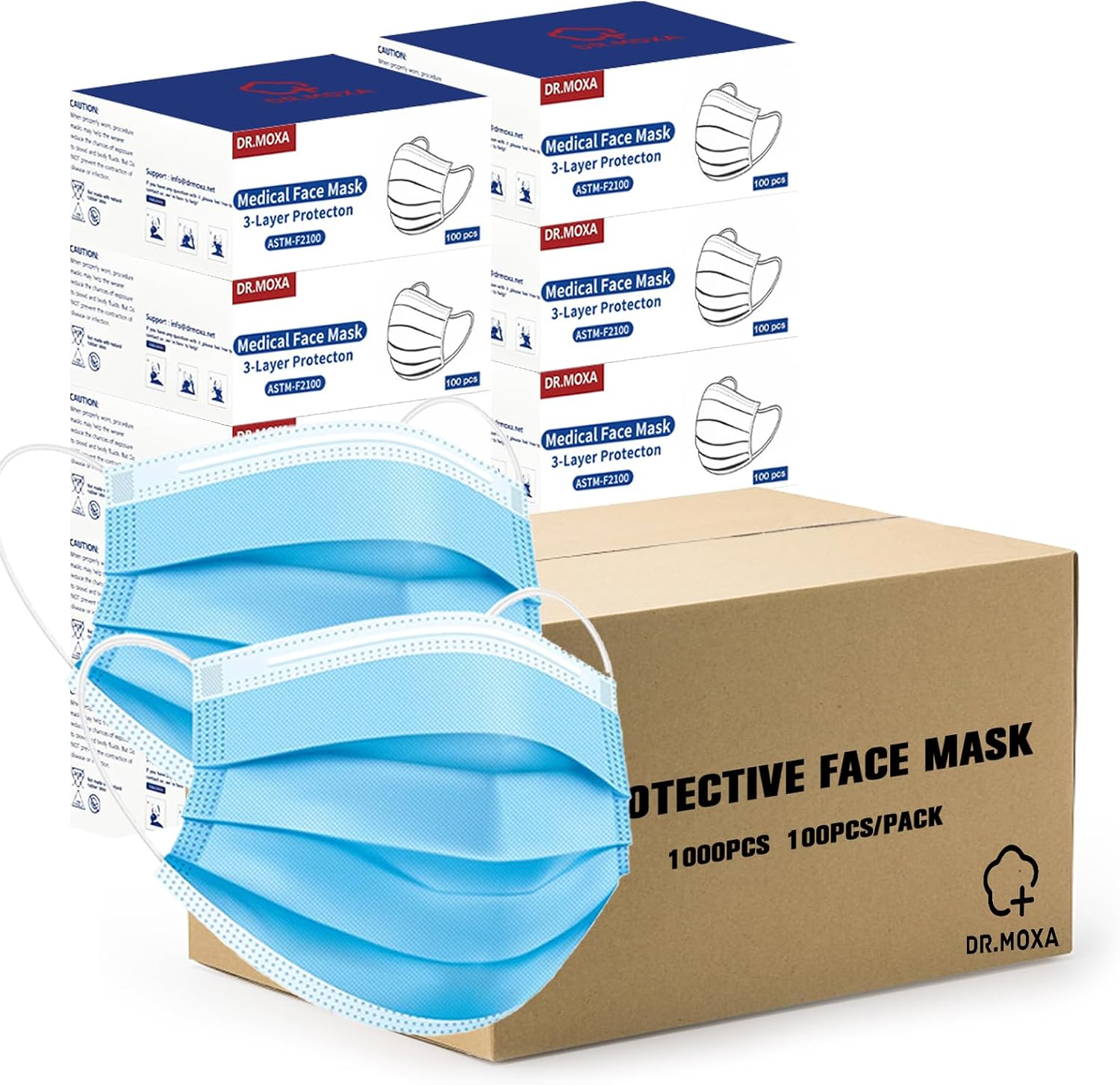 1000 Pack Disposable Medical Face Masks(10 Boxes, 100pcs/Box) Blue | ASTM Level 2, Wholesale Bulk Masks for Protection