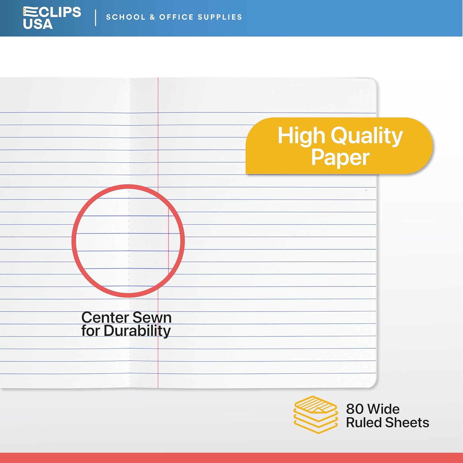 E-CLIPS USA Composition Notebook Wide Ruled Composition Notebooks Bulk Wide Ruled Notebook Paper Note Books For Schools Composition Books 80 Sheets 160 Pages 9.75” x 7.5” (48 Pack)