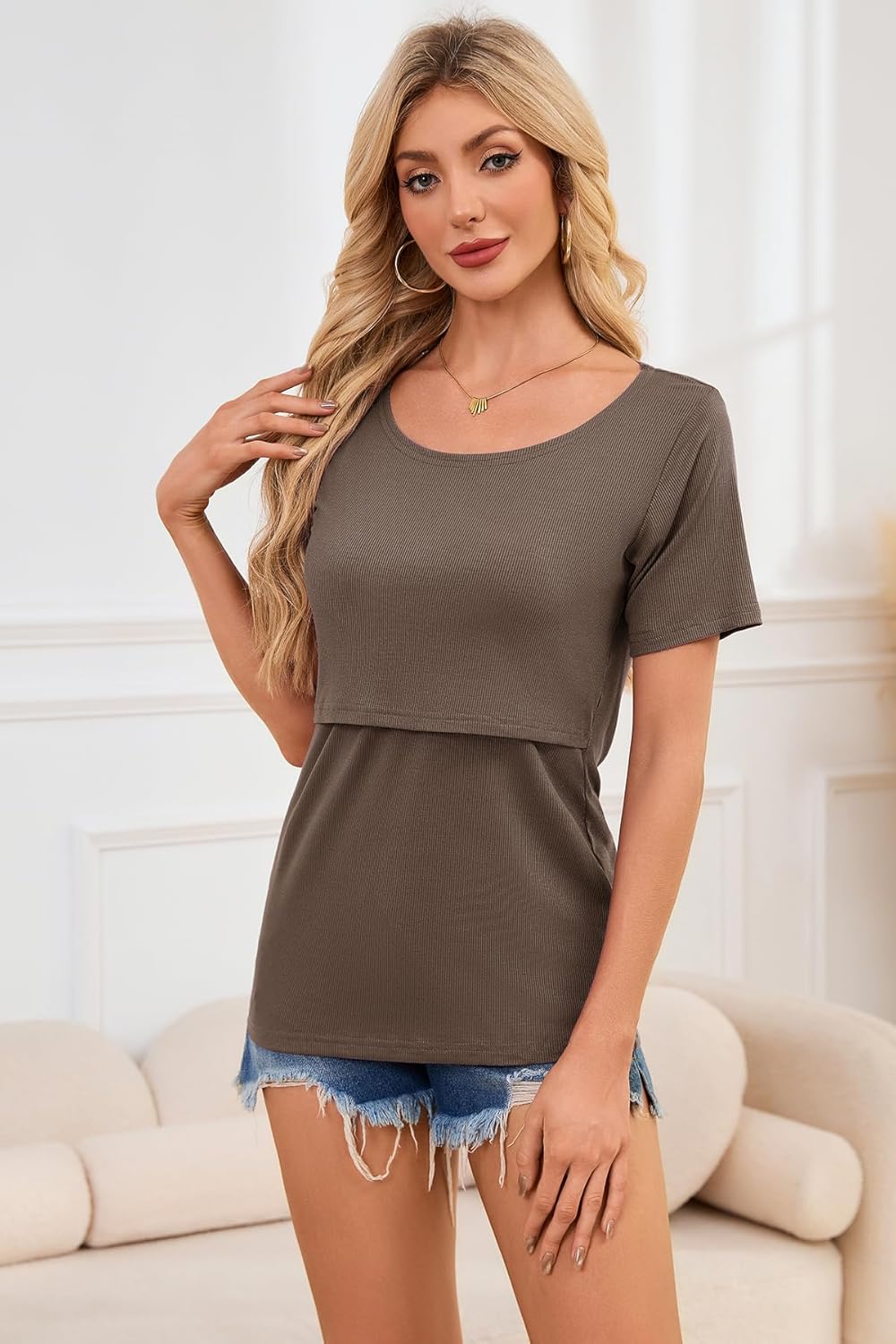 Smallshow Women's Nursing Tops Ribbed Short Sleeve Breastfeeding Shirts 4 Pack - Image 5