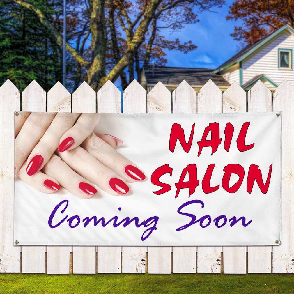 Cartel de vinilo para salón de uñas Coming Soon Business Outdoor Marketing Publicidad Blanco – 61 x 152 cm, 4 ojales, una pancarta