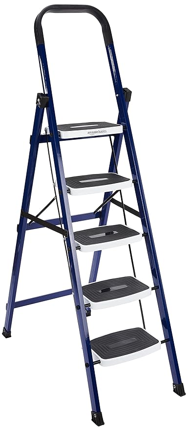 AmazonBasics Super Clamber - Non-Trip and Flat-Foldable Step Ladder, with Anti-Skid Steps, 5 Steps (Steel, Blue & White)