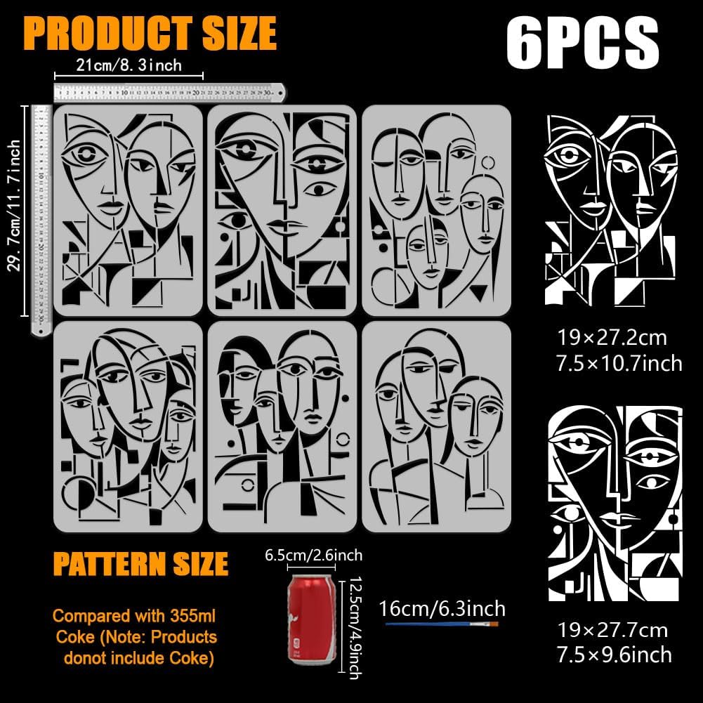 FINGERINSPIRE 6Pcs Abstract Character Stencils with a Brush 11.7x8.3Inch Abstract Human Face Painting Stencils PET Human Themes PET Template for Wood Floor Tile Wall Fabric Furniture Scrapbook DIY