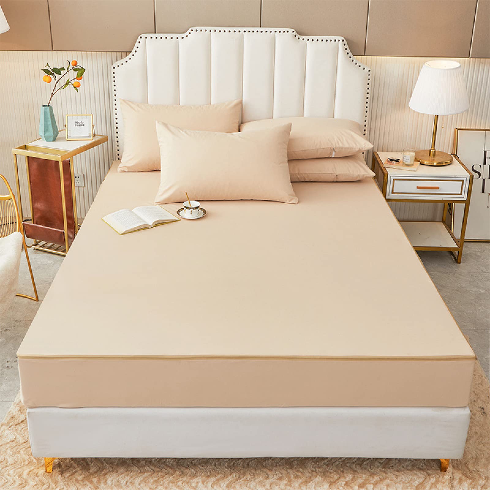Waterproof Mattress Protector 150x200+20cm Khaki Zippered Mattress Cover Soft Washable Breathable Full Encasement Fitted Cover Waterproof Mattress Pad for Full Size Bed