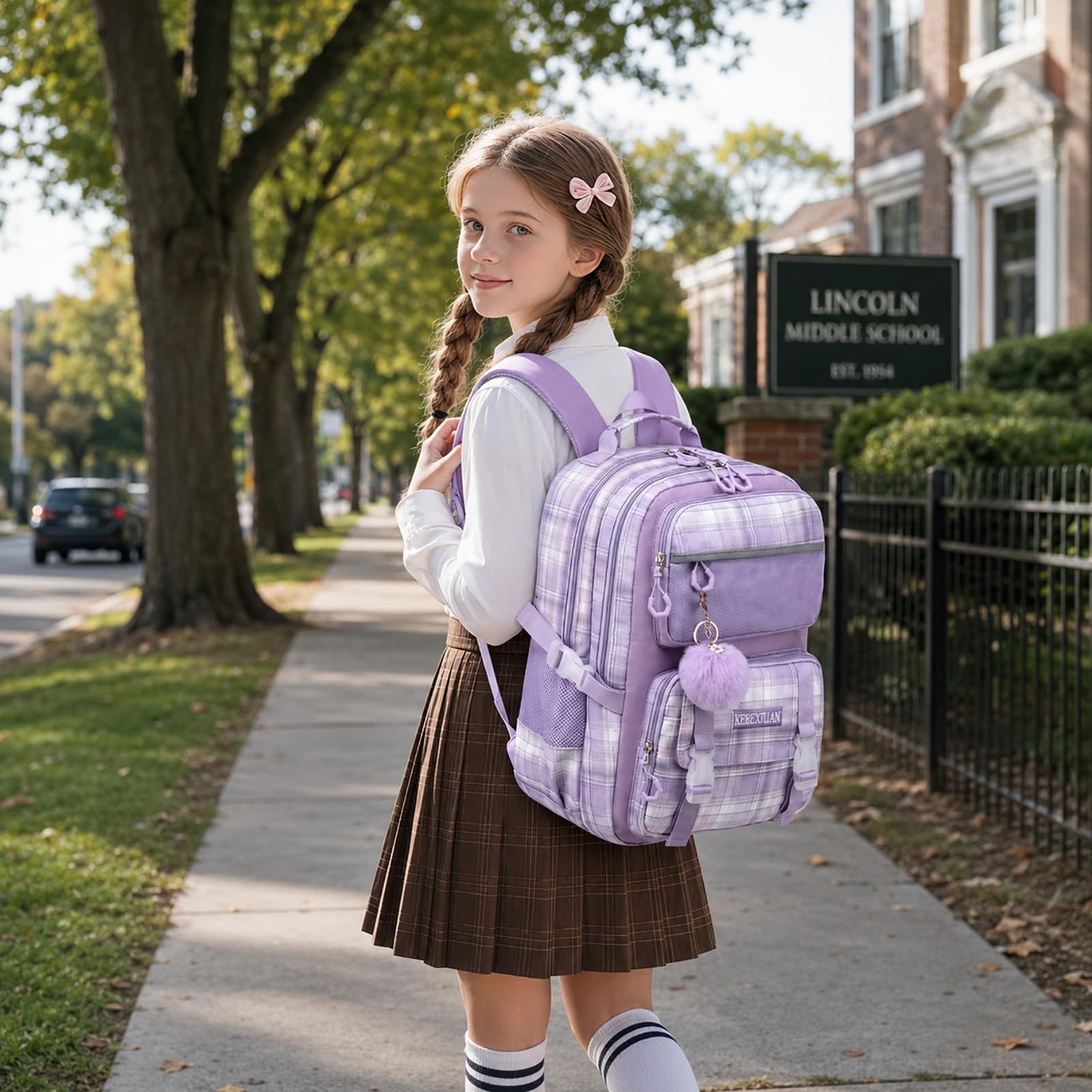 KEBEIXUAN Mochilas Escolares Niña, Personalizada Mochila Colegio Niña de 6 a 12 Años, Kawaii Ligeras Mochila de Niñas Escolar con Colgante