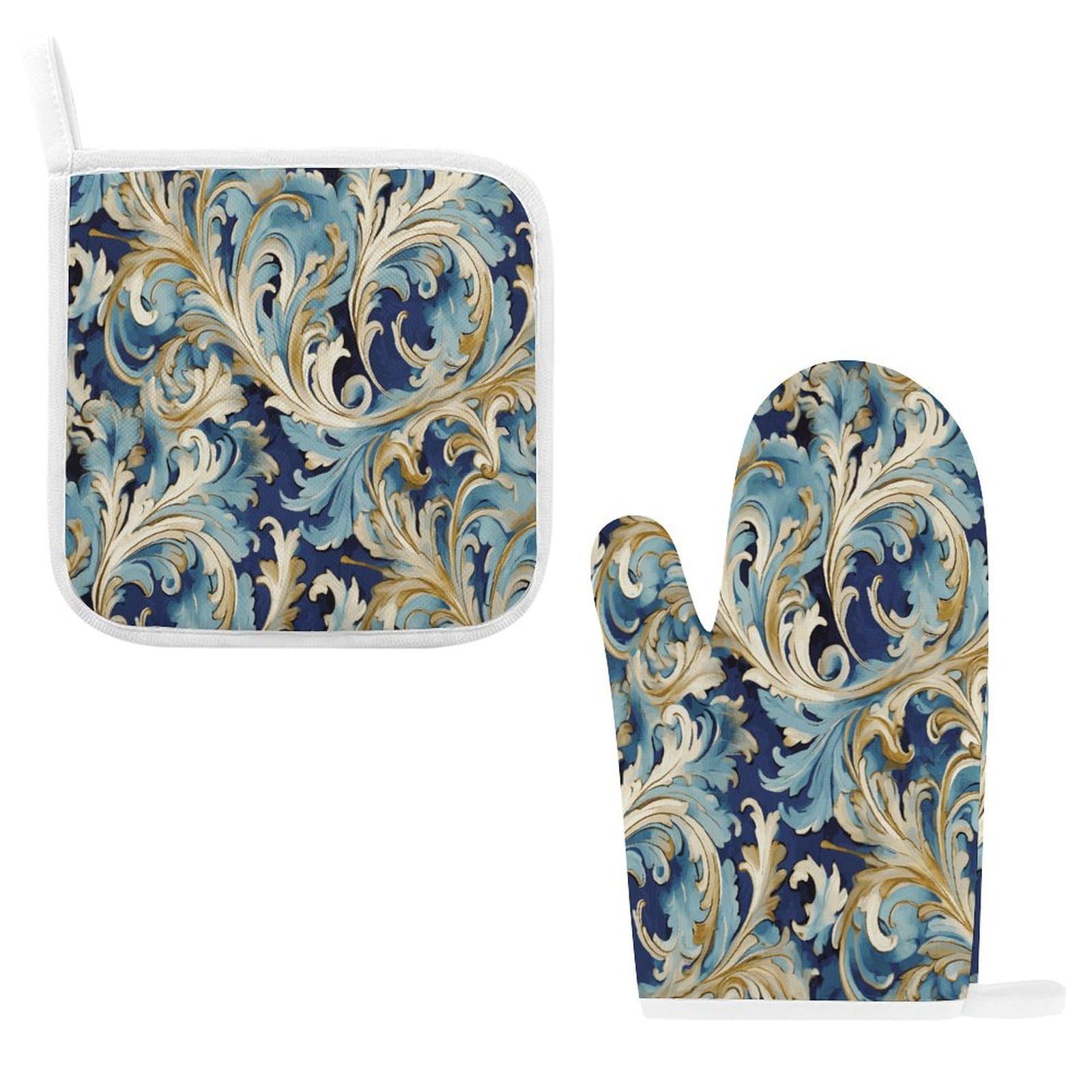 Fodpand Style Elegant Blue Gold Florentine Oven Mitts And Pot Holders Sets