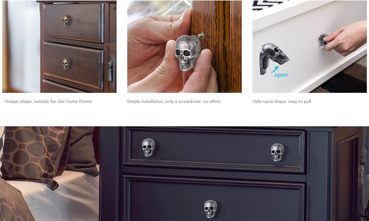 4 Pack Vintage Skull Drawer Knobs Cabinets Hidden Pulls with Screws for Decoration Drawer Hardware (Antique Brass)