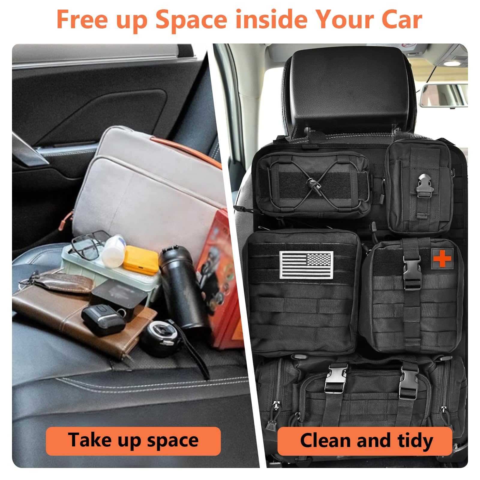Organizador táctico para asiento trasero de coche, panel táctico multifuncional para vehículo, con 5 bolsas de almacenamiento desmontables, bolsa colgante de almacenamiento para respaldo de