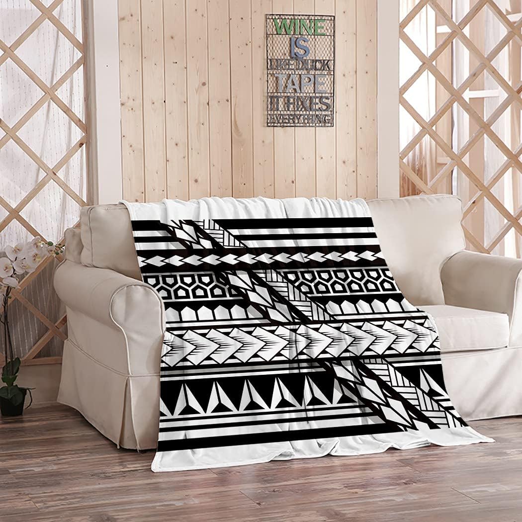 Black and White Throw Blanket Flannel Tribal Tattoo Samoan Band Maori Art Polynesian Texture Ethnic Cozy Blanket Home Blankets Soft Lightweight for Couch Sofa Living Room 40x50 Inch