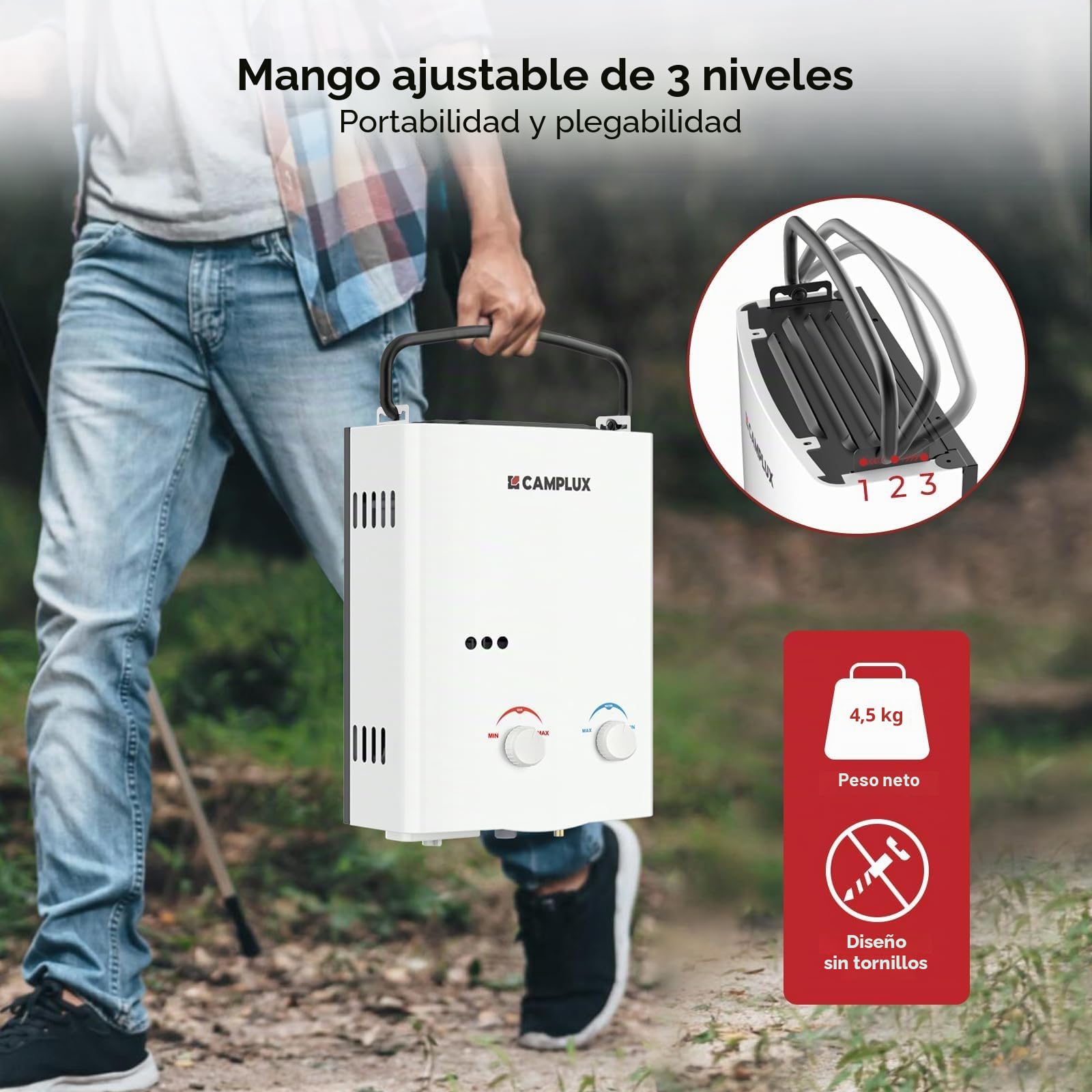 Camplux AY132 Calentador de Agua a Gas, con Asa Plegable Portátil, 5L/min,10kW, LPG