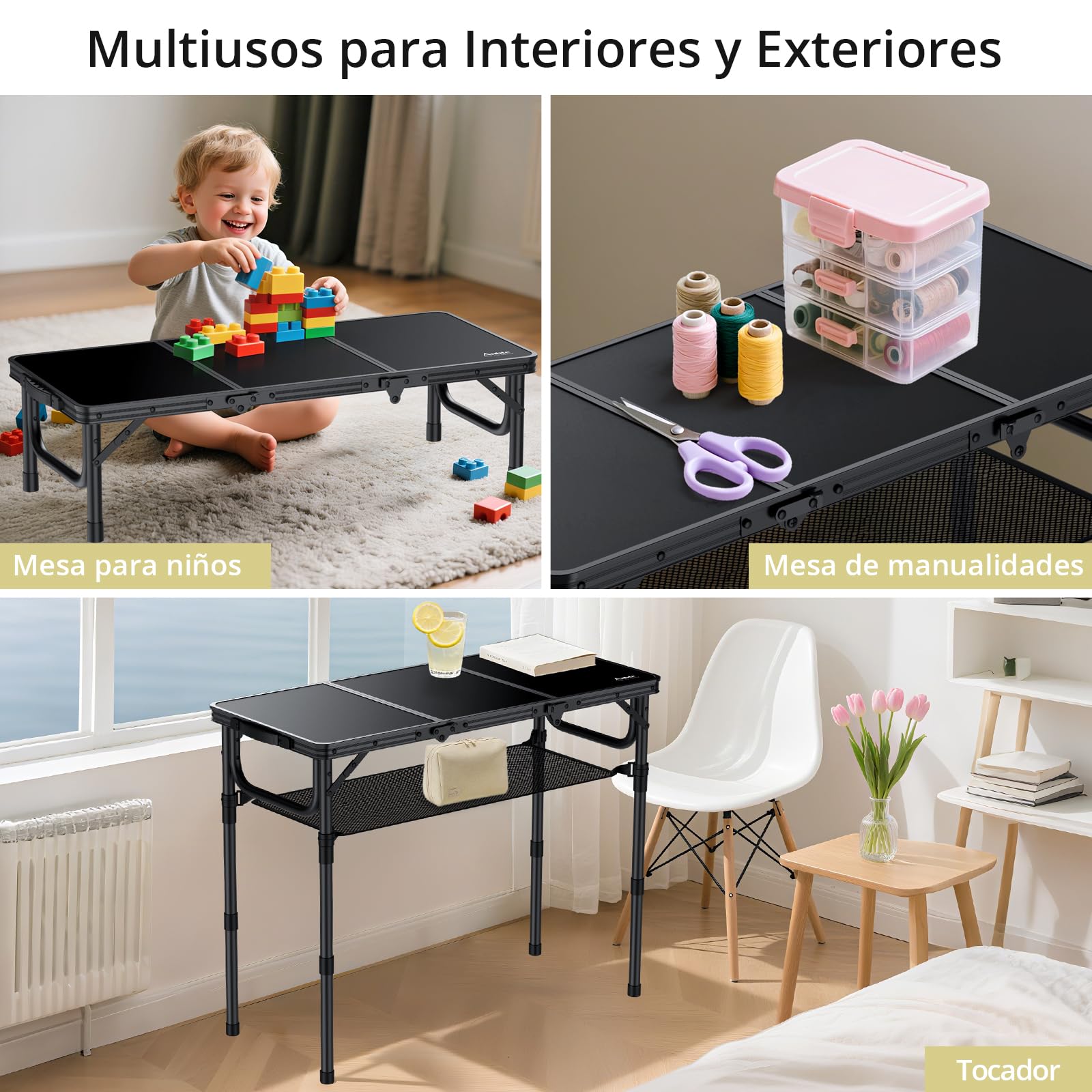 Anbte Mesa Plegable Camping 90 x 40 x 26-48-70cm con Ajustable Altura Aluminio Impermeable Mesa Playa Portátil, Soporta 30 kg,con Bolsa de Almacenamiento para Barbacoa, Playa, Jardín, Picnic Negro