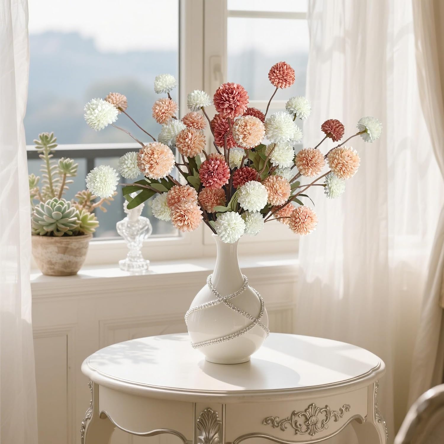 10 Pcs Fake Flowers, Artificial Mums With Long Stems, Faux Pompon Mums Floral Arrangement, 3 Mixed Colors Plastic Flowers Silk Dried Flowers Home Decor, Fall Decorations For Home Vase(No Vase)