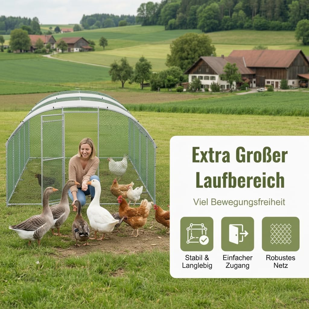 Freilaufgehege Bogen Dach 3x8x2m,Hühnerstall aus Verzinkter Stahl Mit PE Dachabdeckung,Verdickte PVC Verbinder &Riegel für Haustierkäfig Hühnerkäfig Kleintiere Pflanzen