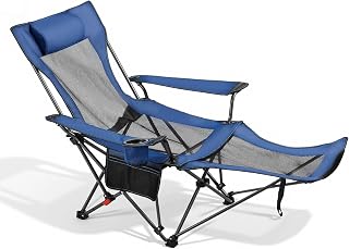 VEVOR 2-in-1 Reclining Camping Chair with Footrest for Adults, 4 Adjustable Positions, Portable Folding Lounger, Lightweight Mesh Beach Chair Supports 300lbs, Heavy Duty Camp Chairs Outdoor, Blue