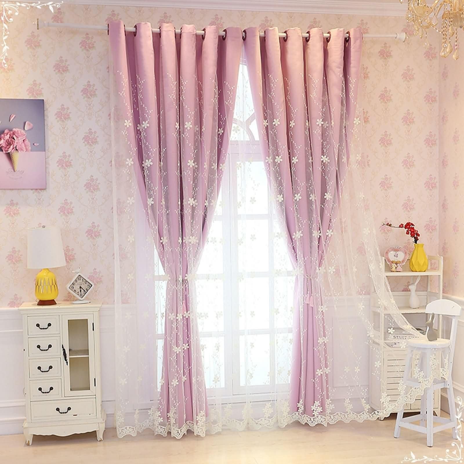 Rideau opaque salon avec crochet et voilage rose uni 102x244 cm