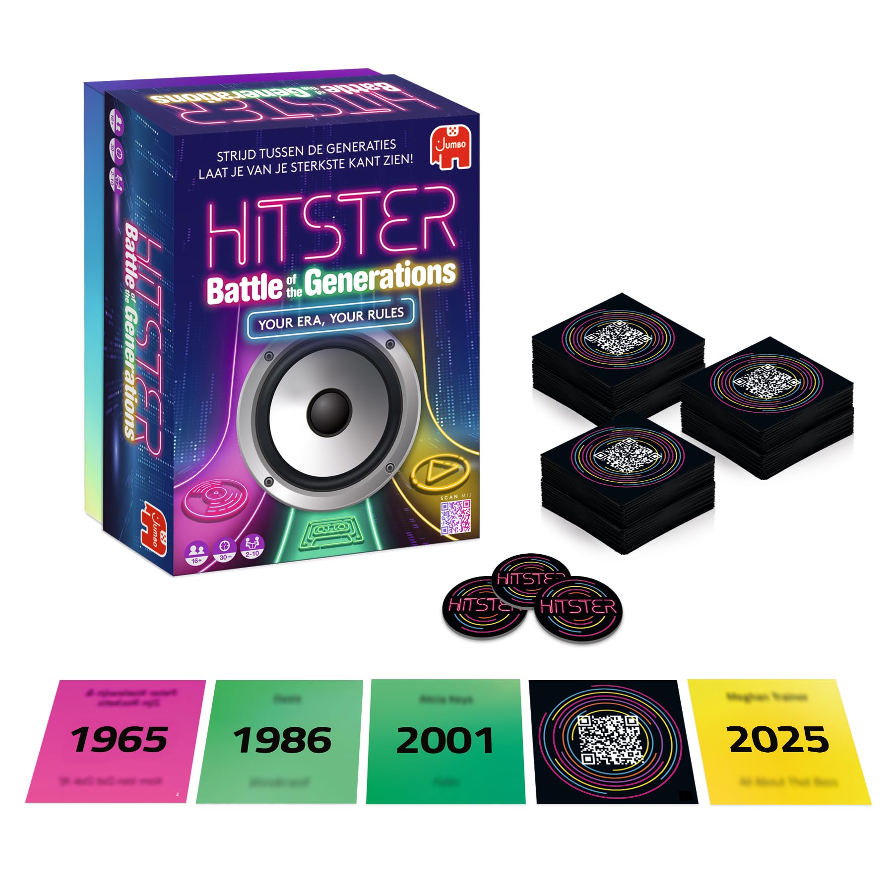Hitster Battle of the Generations - muzyczna gra planszowa z ponad 420 utworami na przestrzeni lat, 3 epoki, od winylu przez kasetę, po streaming, quiz połączony z aplikacją dla dorosłych i rodzin (PL
