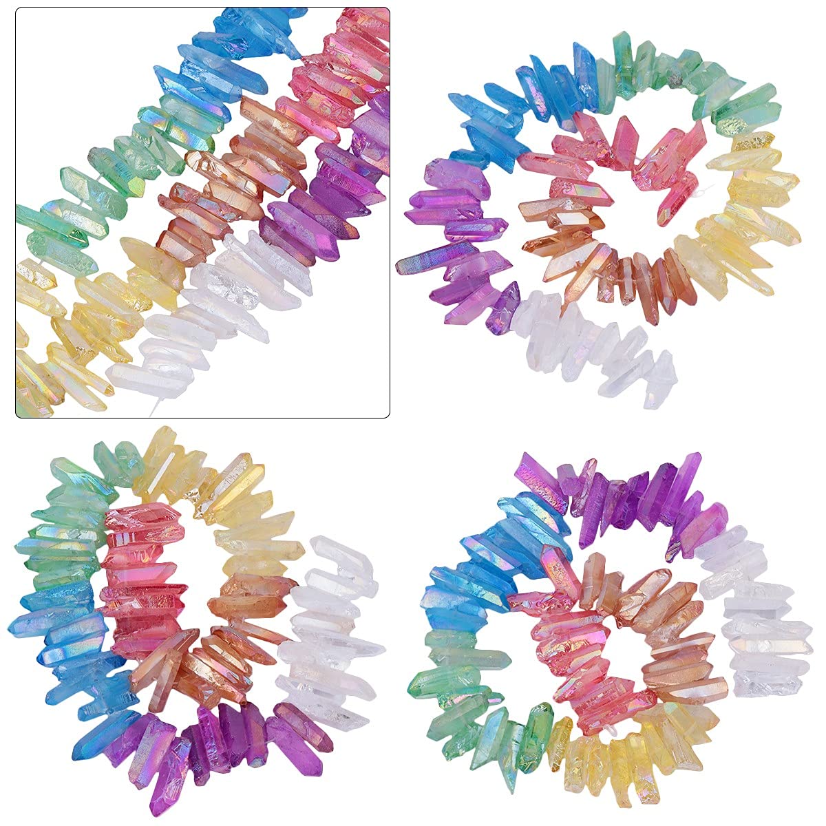 rockcloud Rock Crystal Points - Varillas de cuarzo transparente con revestimiento de titanio, cuentas sueltas perforadas en la parte superior, hebra de 38 cm, arcoíris