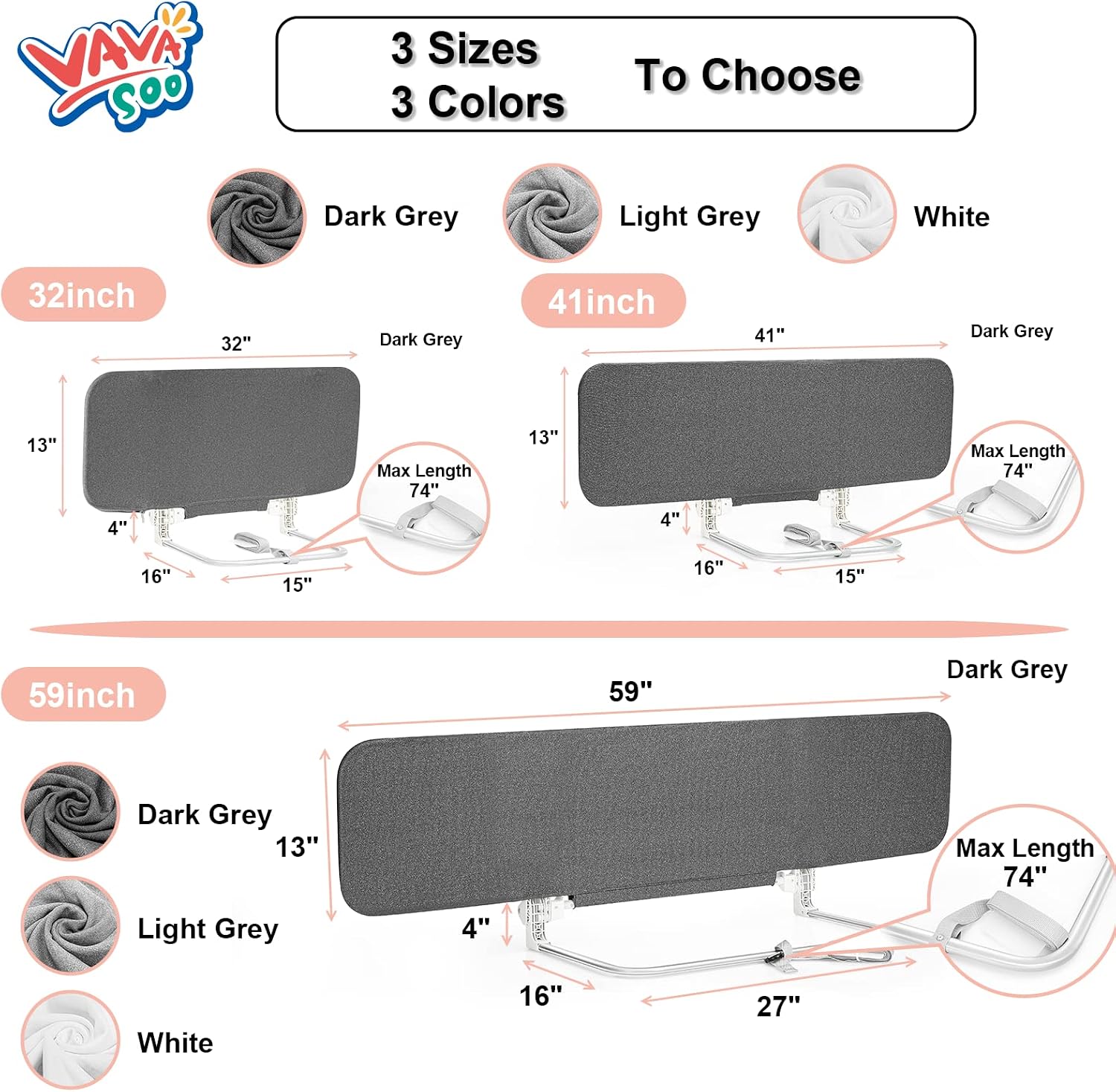 Diagram showing dimensions of VaVaSoo bed rails in different sizes