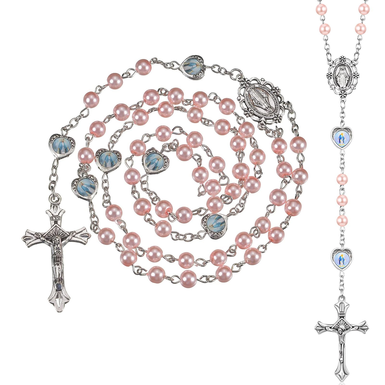 Collana Rosario Cristiano con Croce retrò, Catena Lunga di Perline Preghiera per Battesimo Comunione Matrimonio