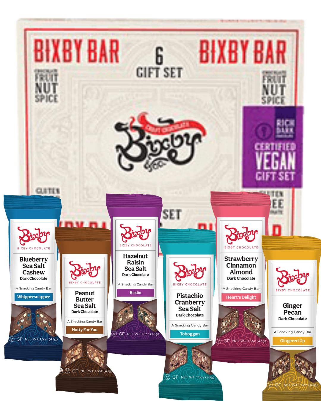 Vegan Chocolate Bars Gift Set - Bixby Box of 6 Unique Flavors - Dark Chocolate Sampler Mix - Gluten Free, Kosher, non GMO, All Natural Candy - Real