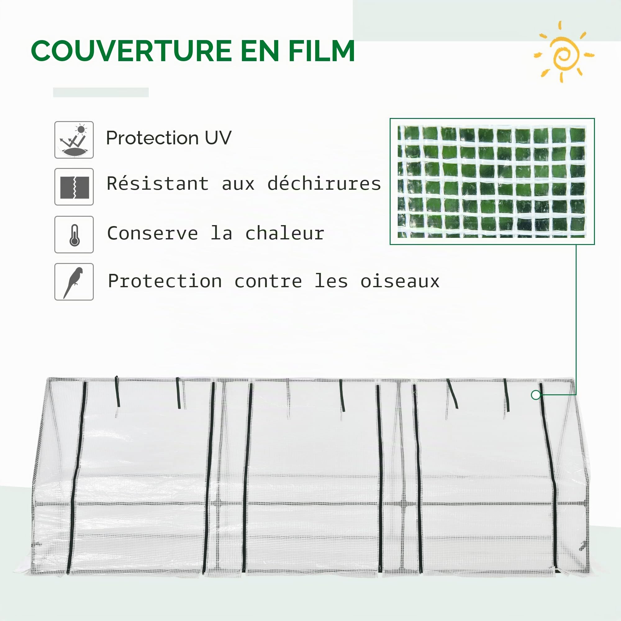Outsunny Mini Serre de Jardin Mini Serre Tunnel 270L x 90l x 90H cm Toit Pointu Acier PE Haute densité 140 g/m² Anti-UV fenêtres avec Zip enroulables Blanc