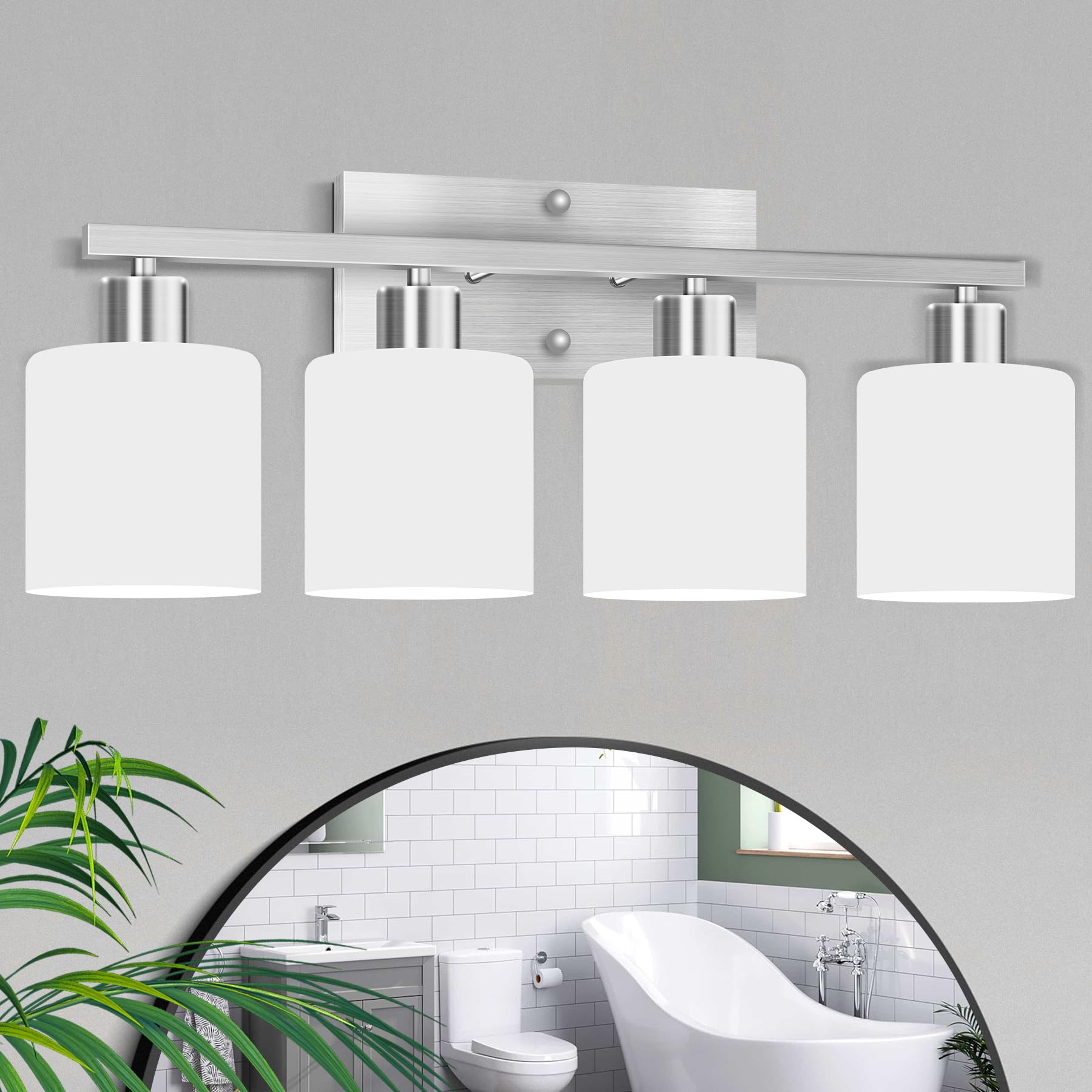 canmeijia 4-light bathroom vanity light fixtures with brushed nickel, modern vanity lighting for bedroom living room, vanity lights with milky white glass shades, e26 socket, bulbs not included