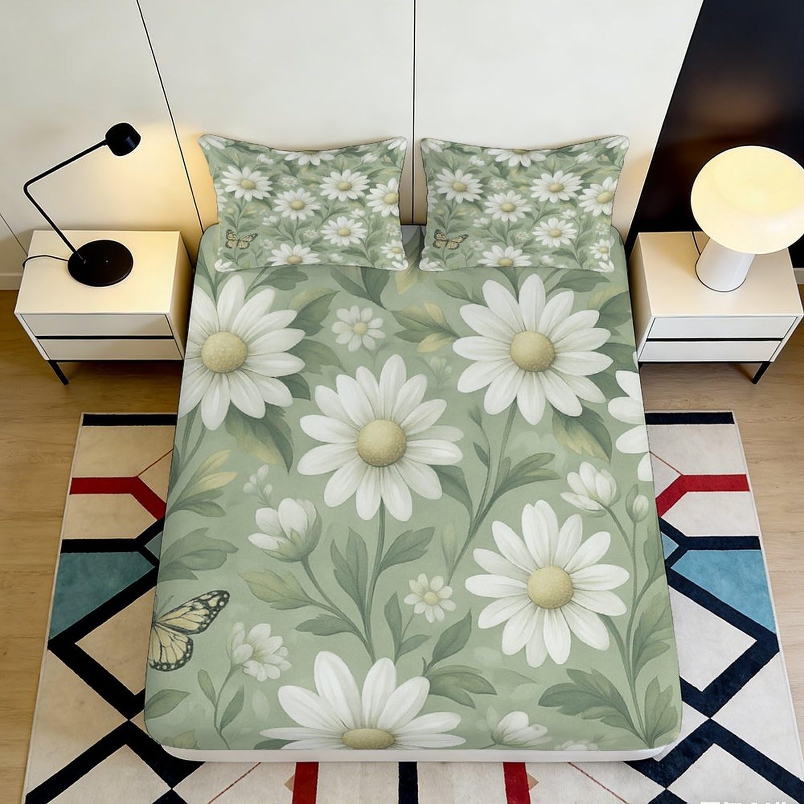 3D Printed Daisy Floral Fitted Sheet Microfiber Soft Green Mattress Cover Butterfly Pattern for Bedroom Guest Room Decor 140x200x25cm