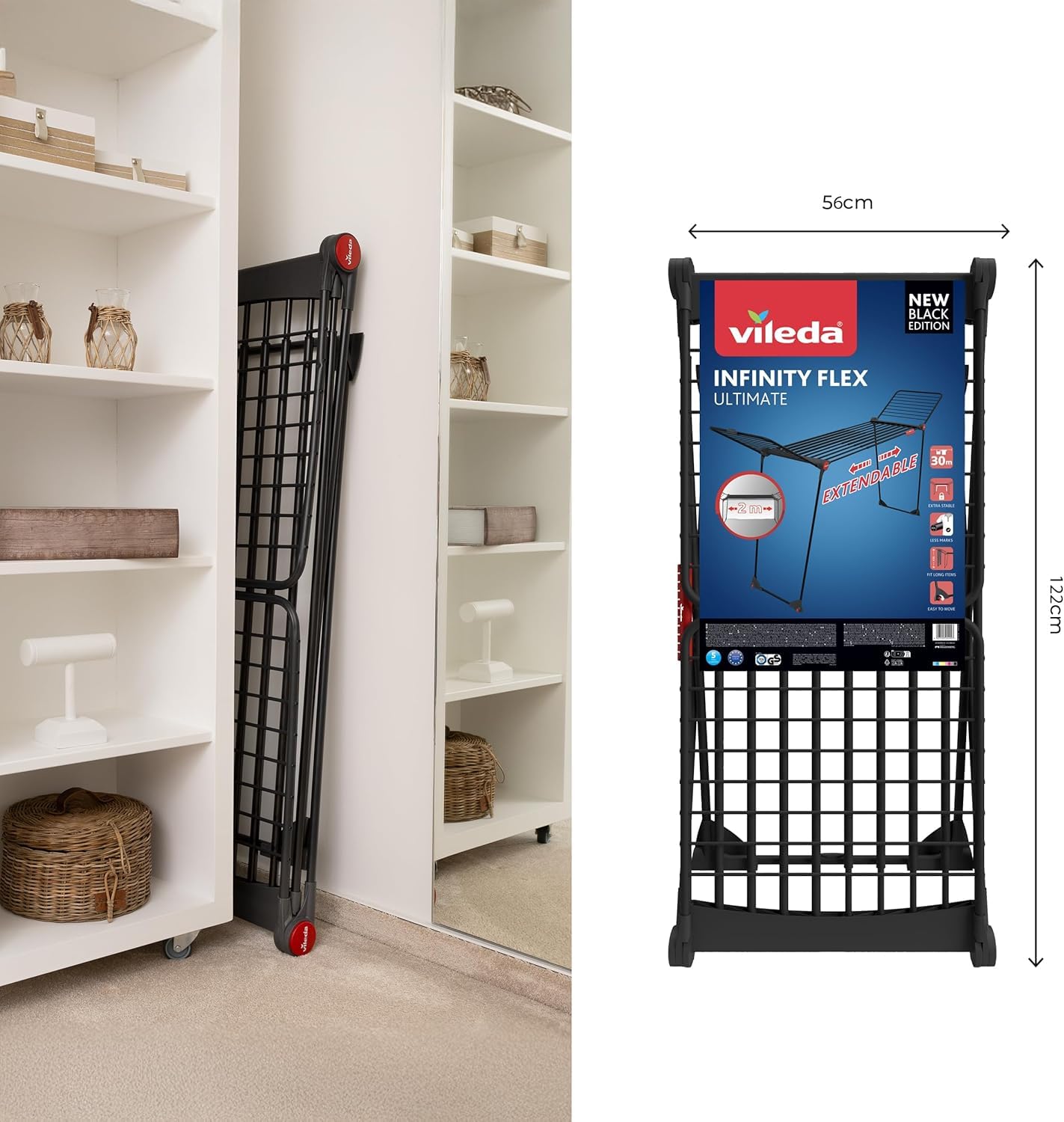 Vileda Stendibiancheria Infinity Flex Ultimate, Pieghevole, Nero, Griglia Telescopica Estensibile