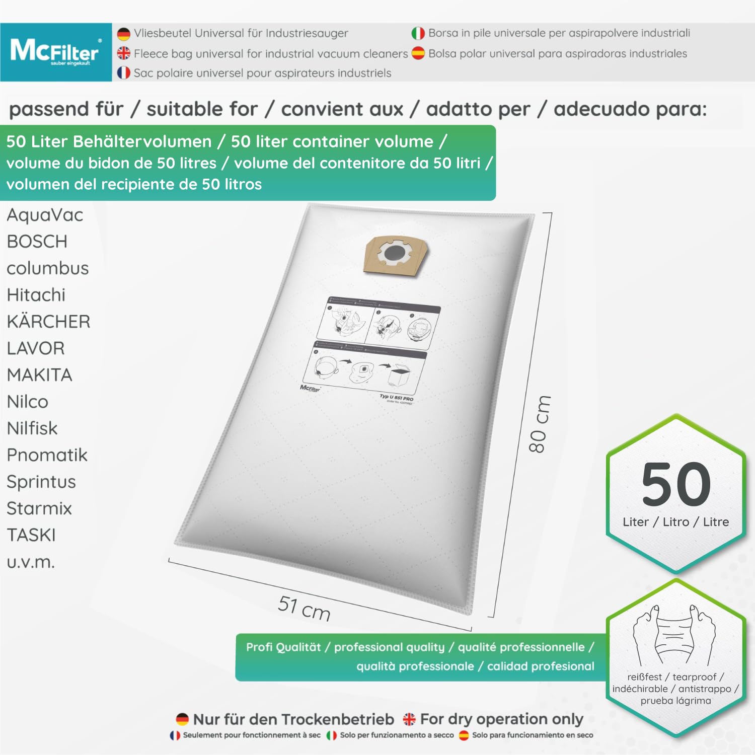 McFilter | 20 sacchetti per aspirapolvere 10l | compatibile per TUTTI gli aspira