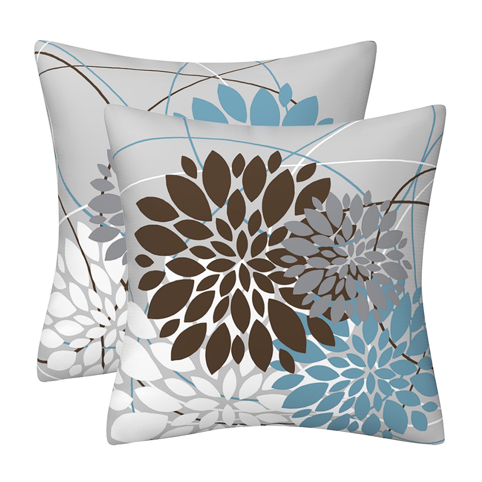 Brown Blue Pillow Covers 18x18 Inch Dahlia Spring Summer Throw Pillows Geometric Floral Elegant Line Square Cushion Cases Farmhouse Outdoor Home Decor for Sofa Bed Living Room, Set of 2