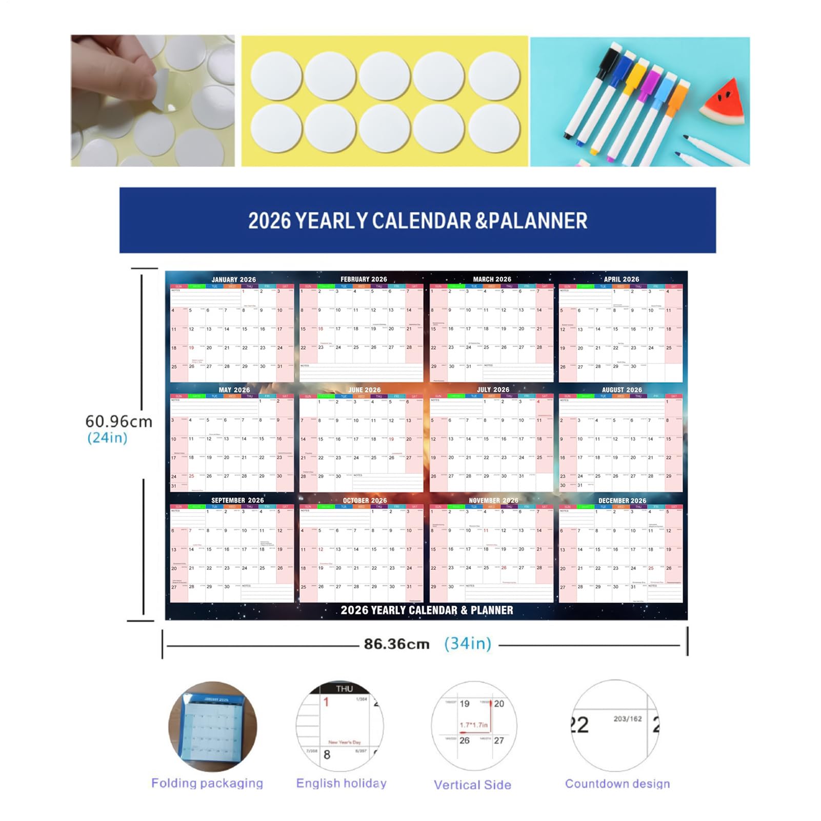 Calendario Annuale 2026 61 X 86 Cm Doppia Faccia Cancellabile A Secco Per
