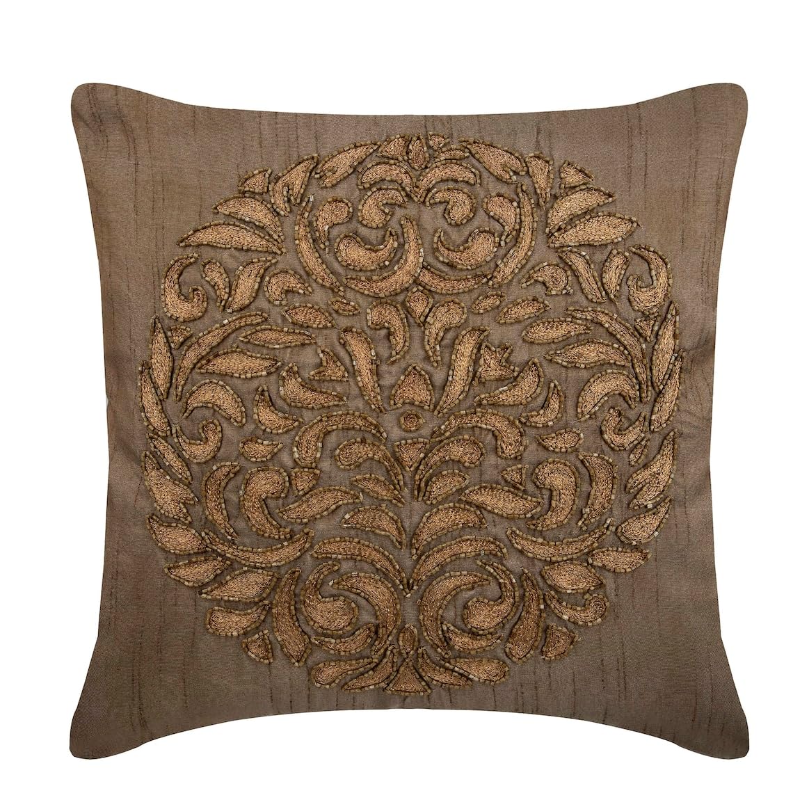 The HomeCentric Taie d'oreiller Decorative Or Medaillon Brode Brun terreux Lot de 2, 65x65 cm Soie Or, Housse de Coussin à la Main Soie - Gold Turkish Dream