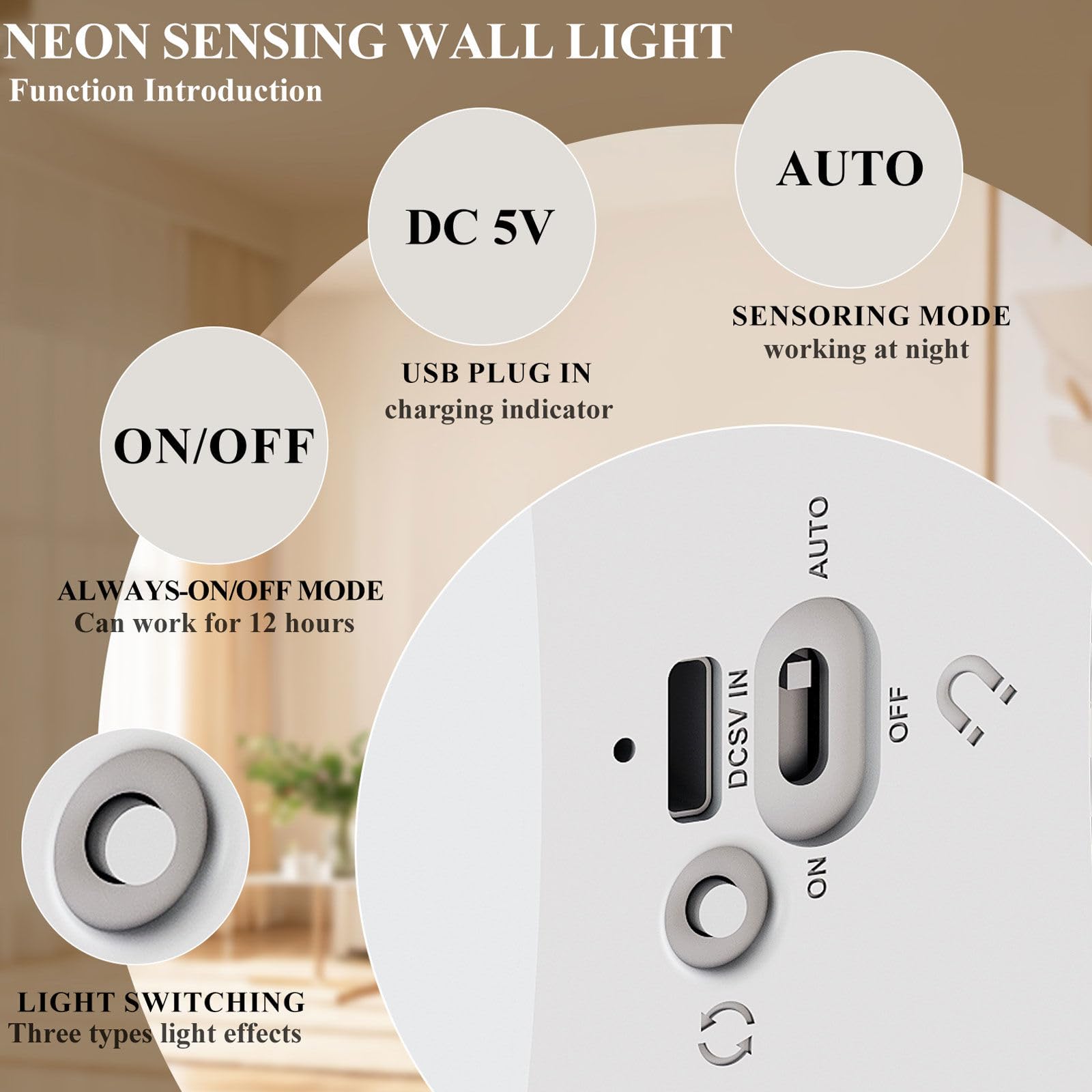 Luz Del Sensor De Movimiento Con Batería Recargable, 1200 Mah Mordern Control Táctil Atenuable 3 Niveles De Brillo De Pared, Para Sala De Estar Dormitorios Pasillos