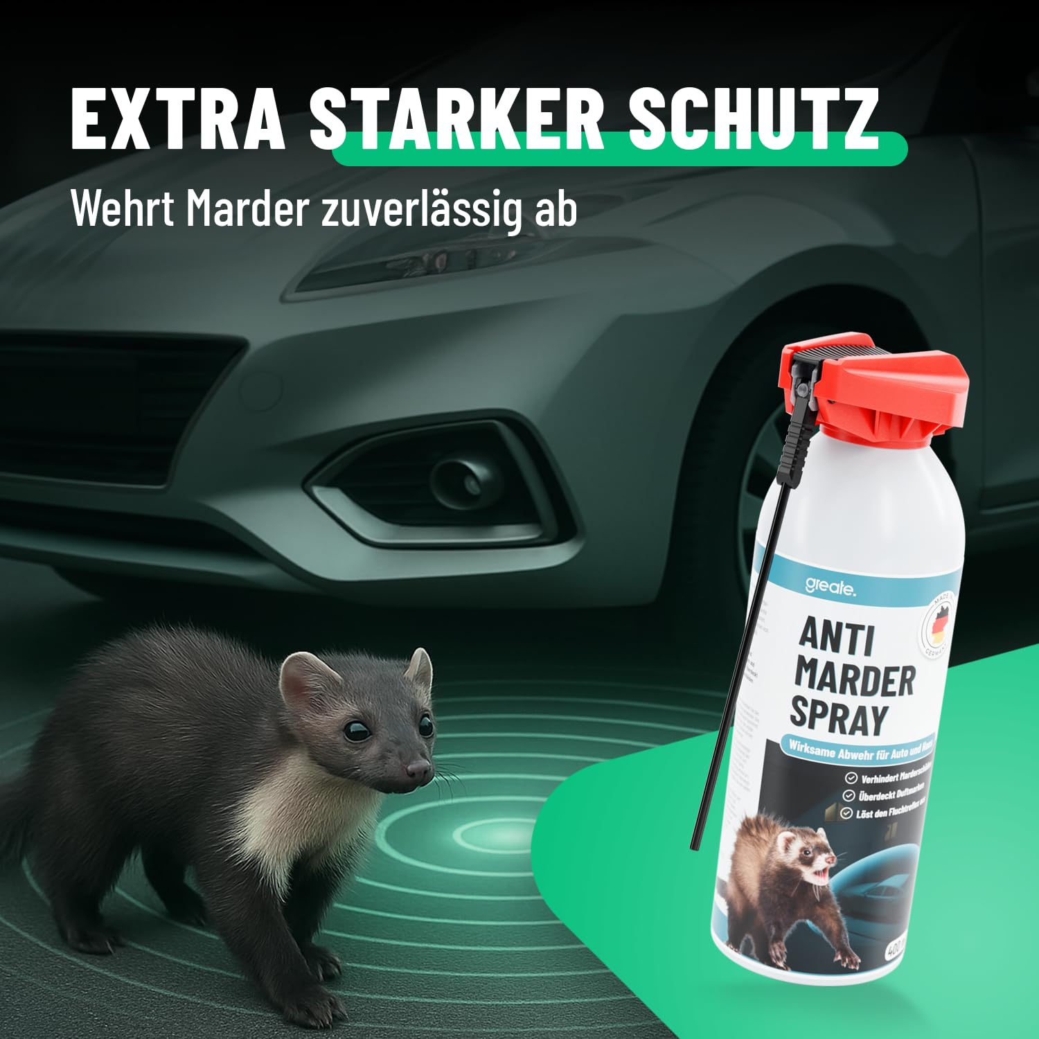 greate Anti Marderspray mit hocheffektiver Formel wirkt sofort - Marderabwehr für Auto, Dachboden & Garage - Langzeit Mader Abwehr, 400ml - Anti Marder Spray in Deutschland entwickelt & produziert