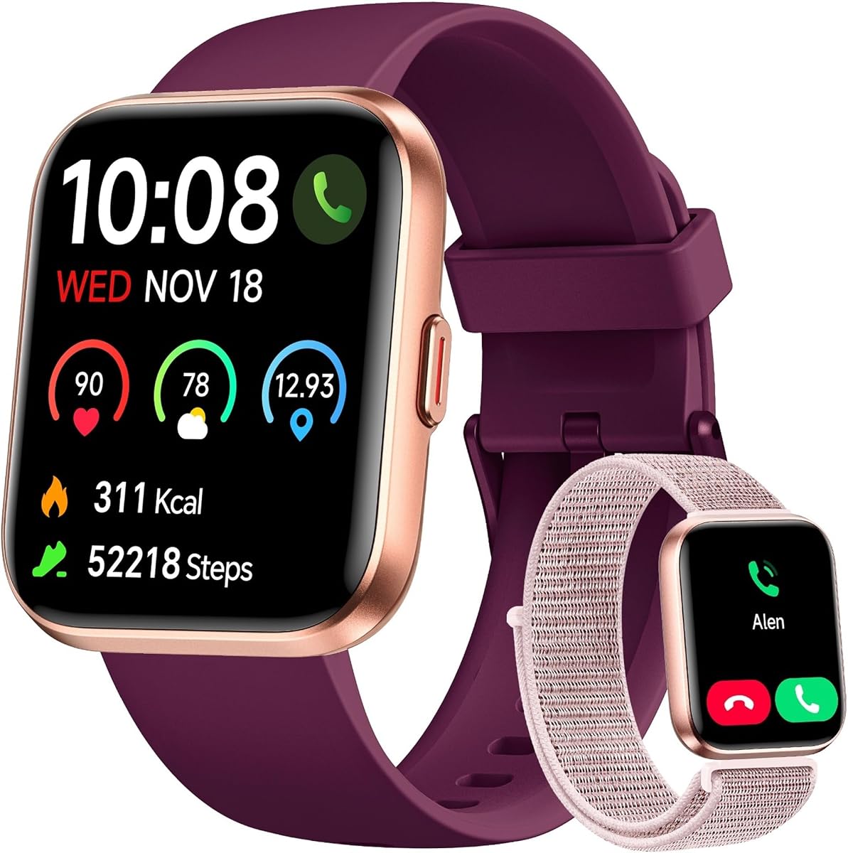 Reloj inteligente para mujer, responder/hacer llamadas, Alexa integrado, pantalla táctil de 1,85 pulgadas, rastreador de actividad física para Android y iPhone, monitor de frecuencia cardíaca/sueño/SpO2, resistente al agua (morado profundo)