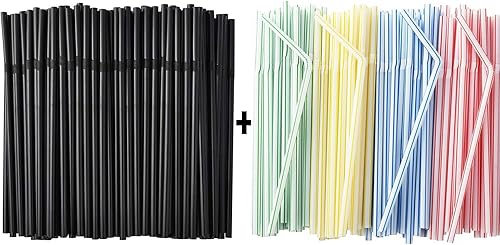 ALINK 500 pajitas flexibles negras + 500 pajitas a rayas