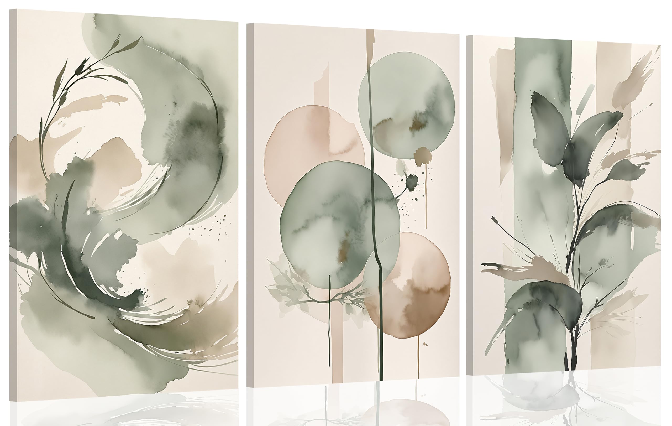 LMYSXAOZ 3pcs Framed Sage Green Abstract Canvas Wall Art Beige and green abstract floral butterfly Posters Prints Modern Zen Pictures Painting for Living Room Yoga Bedroom Decoration