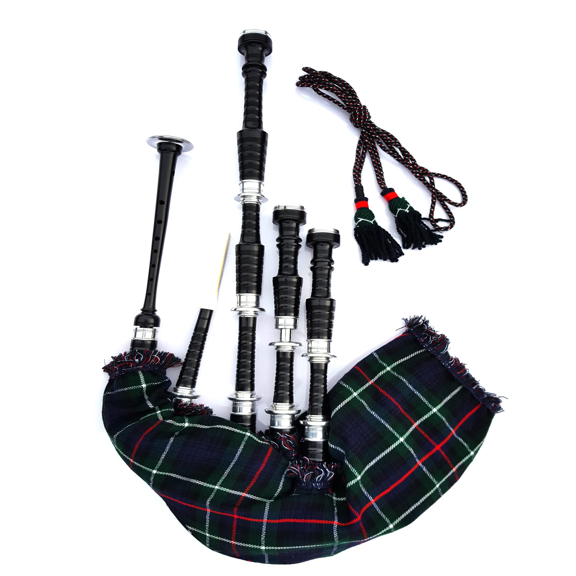 Tartacity Dudelsack-Set in voller Größe, traditioneller schottischer Hochland-Dudelsack, spielbare Tasche und Tutorbuch, schwarzes Palisander-Finish, MacKenzie Tartan-Einband