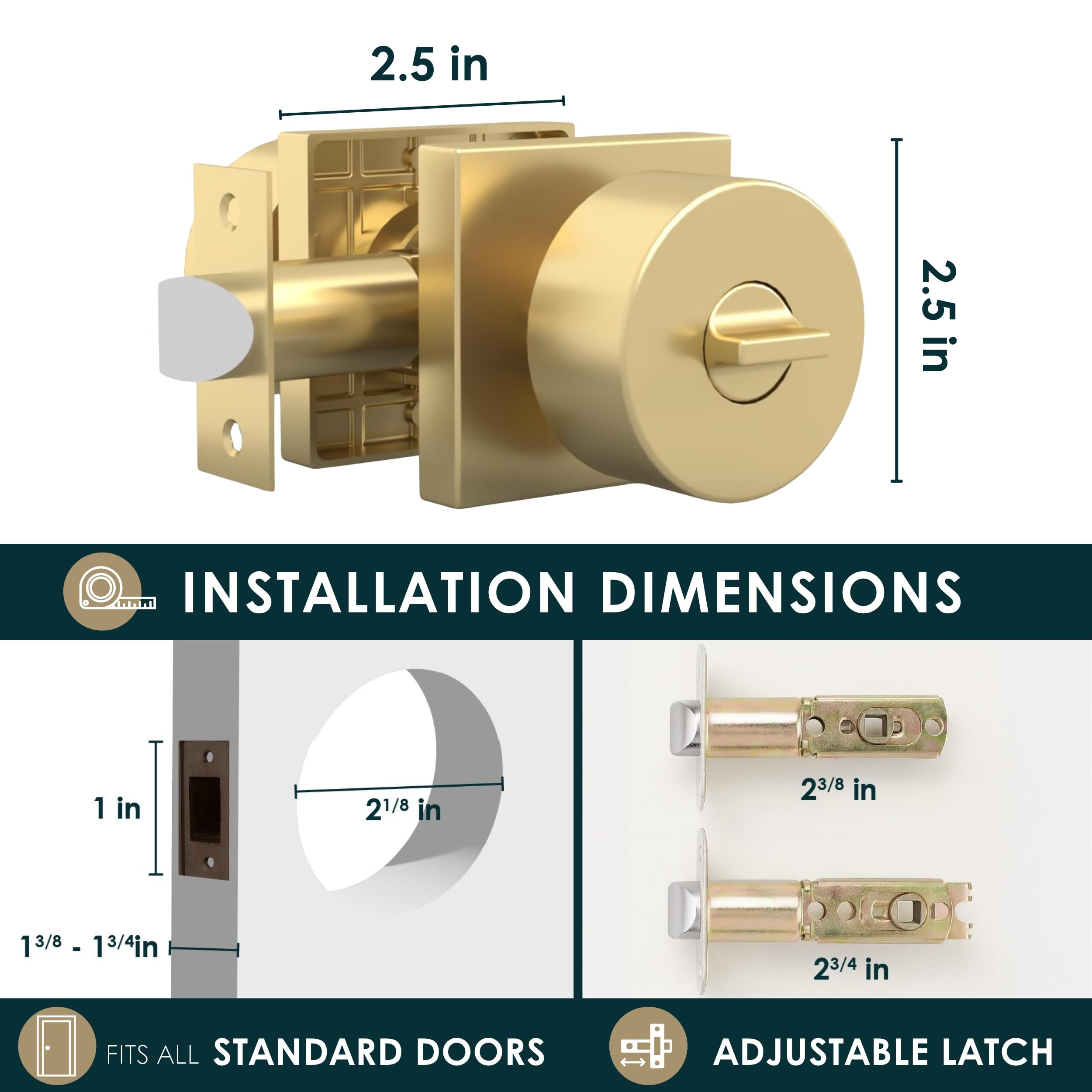 Mega Handles Pomo de puerta de entrada I para entrada, dormitorio y baño, diseño reversible resistente, se adapta a todos los tamaños de puerta estándar, tornillos incluidos, latón satinado (paquete