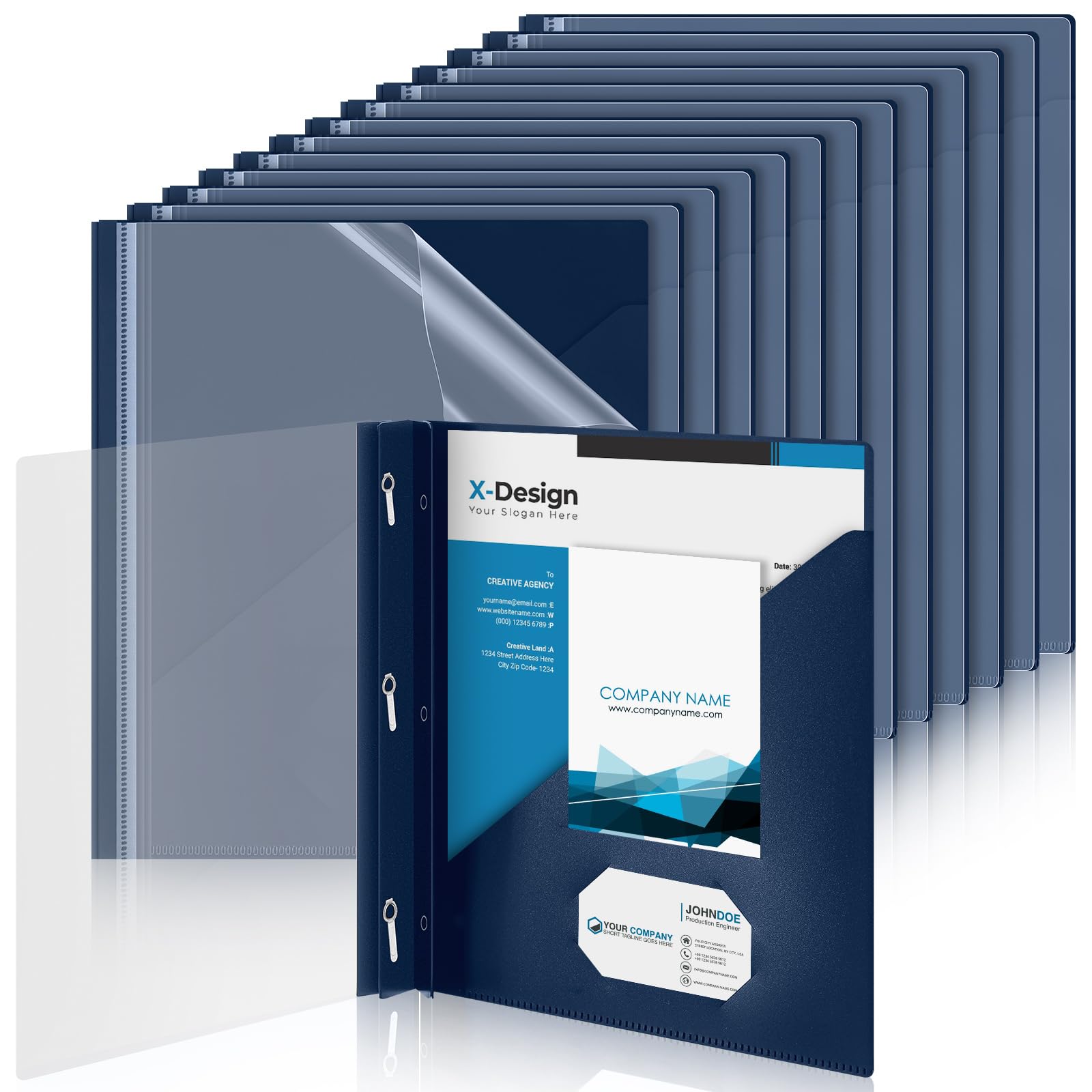 Teling 24 Pcs Clear Front Report Covers with 3 Prongs, Suit for A4/8.5'' x 11'' Letter Size Paper, Plastic Navy Blue Presentation Folders Bulk, 90